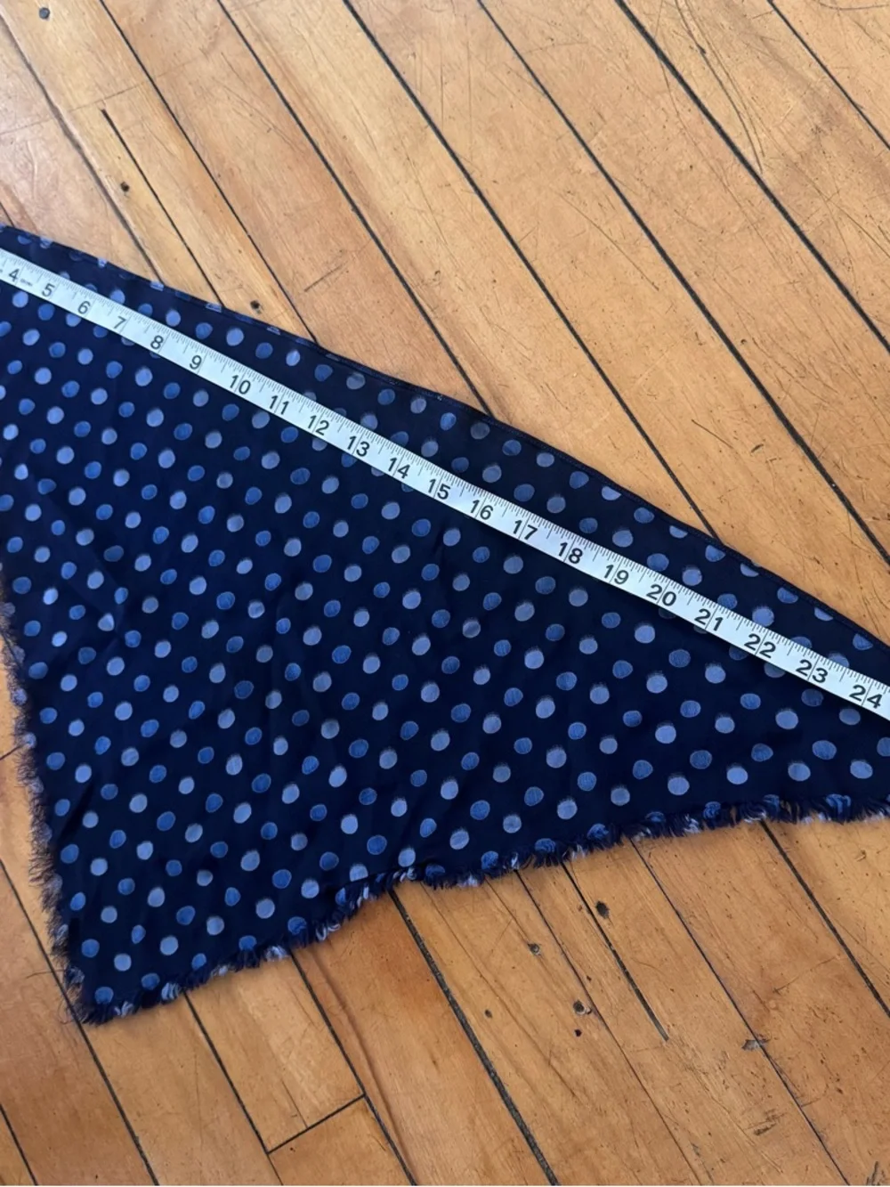Vintage silk fringe triangle Polka Dot Navy Blue Lightweight Scarf bandana vtg - Picture 5 of 6